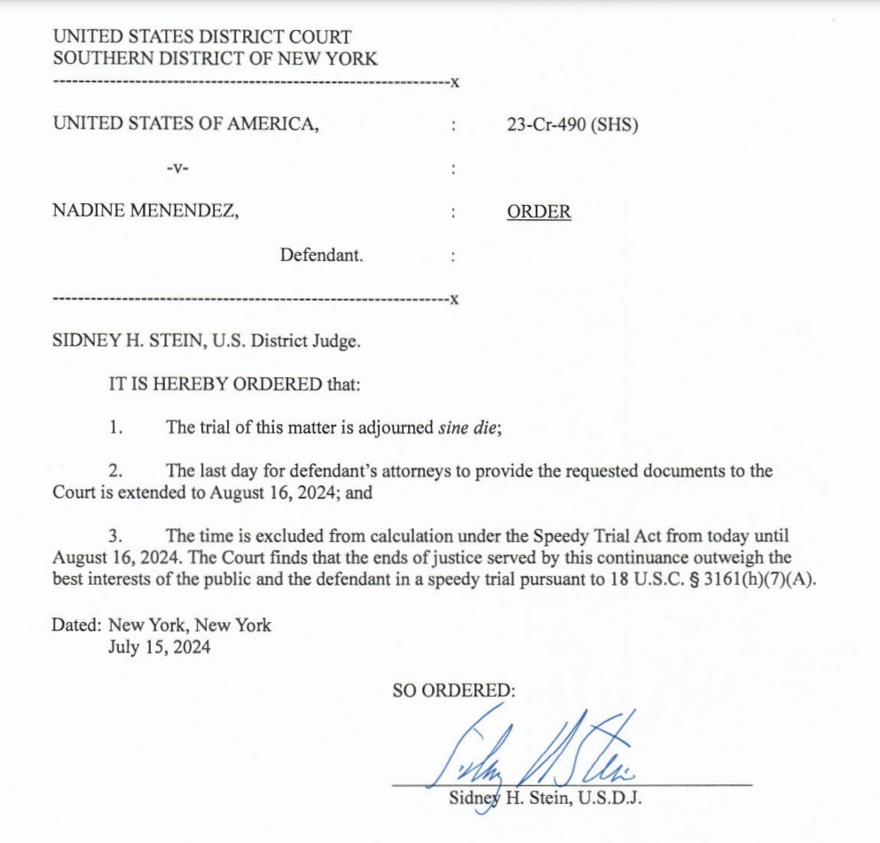 While we await a verdict in Sen. Bob Menendez's corruption trial, at which his lawyers blamed his wife for a lot of the alleged hijinks, his wife's case has been delayed indefinitely.