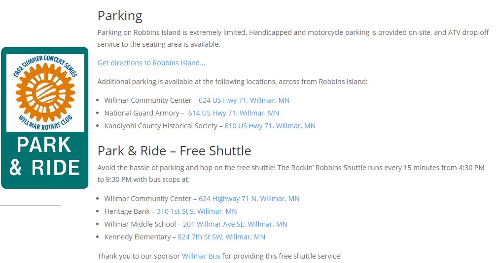 A reminder that due to wet conditions only handicapped parking is available in Robbins Island tonight for the Rockin' Robbins concert! 

Free shuttle and alternate parking options below: