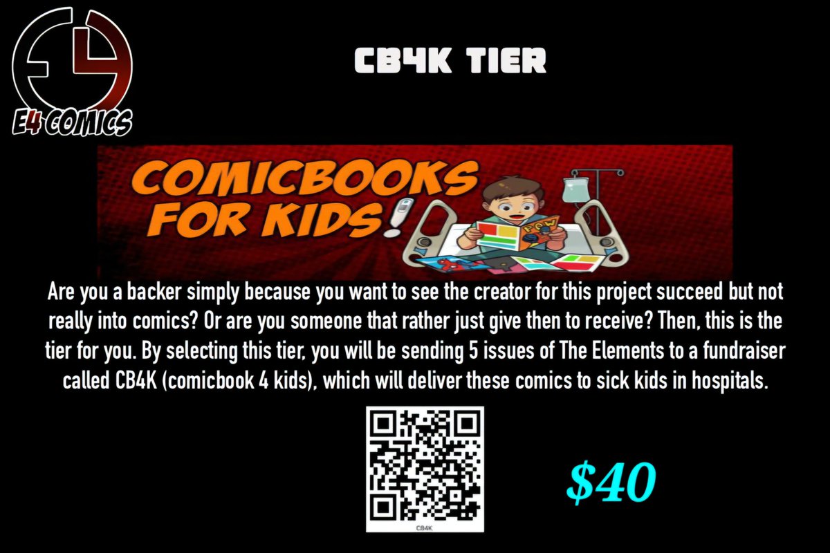 E4comics's tweet photo. If comics aren't your thing the support this tier on our Kickstarter. It sends our comics to sick kids in hospitals through the organization cb4k.

https://t.co/0l0SRRpntL

#yks2024 #Encounter #WizKidAt34 #kickstarter #comicbook https://t.co/Gj9c959n64