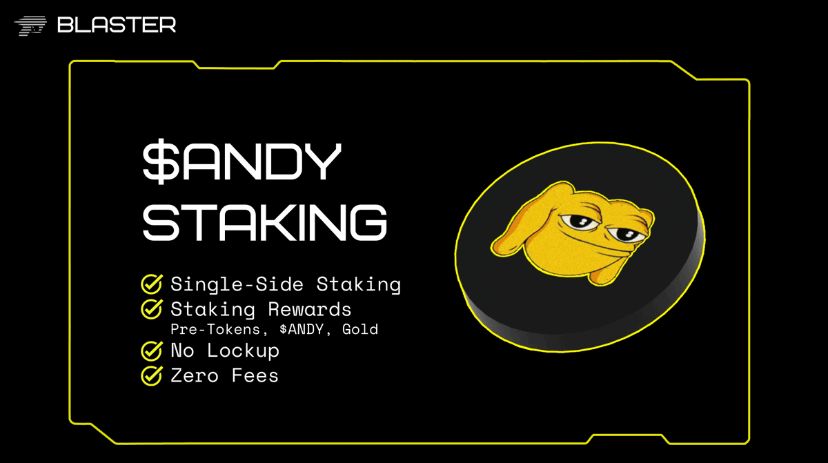 BlasterSwap's tweet photo. A new Staking Vault is live on @BlasterSwap! 👀

@AndyBlastL2 holders can now stake their $ANDY to earn more $ANDY, Blaster Pre-Tokens, and Blast Gold.

⇢ Stake now, desktop or mobile: https://t.co/hqHcmwzyzX

Bonus for the first 7 days:
Add min. 500 $Andy to get a 500 Pre-Tokens Instant Reward.

Read more:
https://t.co/A6bzI1j7ka