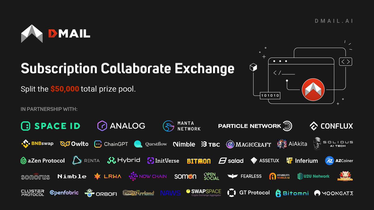 DMAIL.AI (@dmailofficial) on Twitter photo 🎉To celebrate the successful conclusion of the 3rd phase of Dmail’s SubHub, we are launching a grand event with all the projects!
📅16th July - 15th Aug
💰Total prize pool: $50,000
✅How to Participate?
1️⃣Join on Galxe: app.galxe.com/quest/dmail/GC…
2️⃣Join on Taskon: 🎉To celebrate the successful conclusion of the 3rd phase of Dmail’s SubHub, we are launching a grand event with all the projects!
📅16th July - 15th Aug
💰Total prize pool: $50,000
✅How to Participate?
1️⃣Join on Galxe: app.galxe.com/quest/dmail/GC…
2️⃣Join on Taskon: