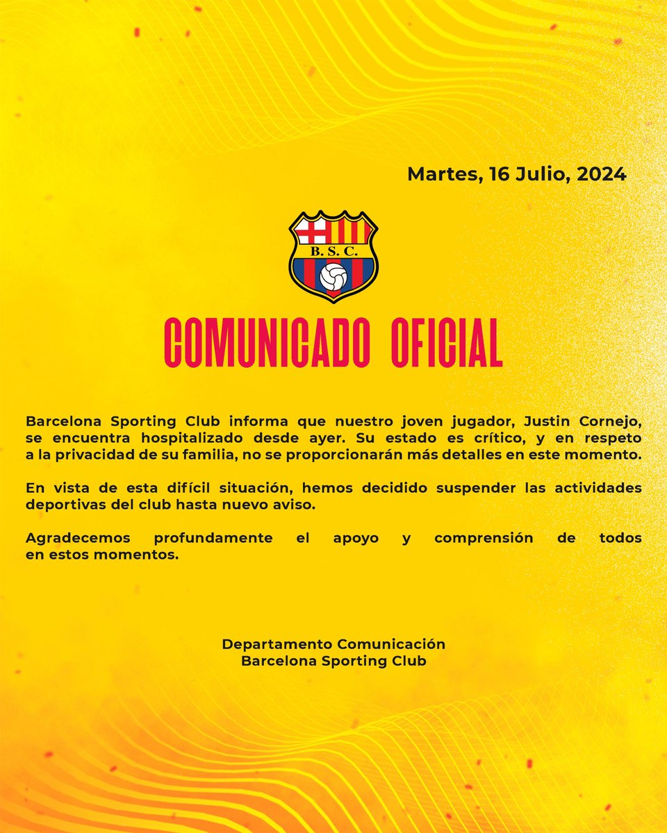 BarcelonaSC's tweet photo. Comunicado Oficial: Justin Cornejo. https://t.co/xw0mVrWDQQ