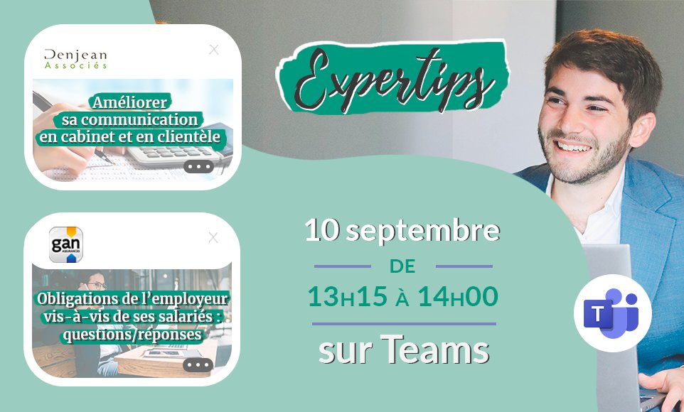 Pas de départ en vacances sans inscription à #Expertips Mardi 10 septembre 13h15!
Un #partenariat <a href="/DenjeanAssocies/">Thierry Denjean</a>, <a href="/Gan_Assurances/">Gan Assurances</a> et <a href="/ANECSnational/">ANECS</a> <a href="/CJECnational/">CJEC</a> pour les jeunes professionnels du #chiffre !
Inscription : docs.google.com/forms/d/e/1FAI…
<a href="/AlexandreM012/">Alexandre Meschberger</a> <a href="/ADscaramuzza/">Adrien Scaramuzza</a>