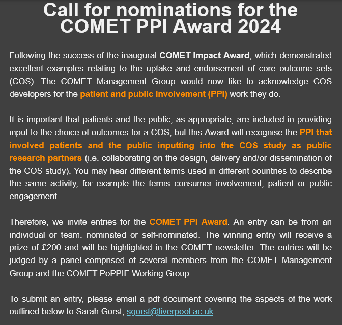 COMETinitiative's tweet photo. Thank you to all those who have submitted an application for the COMET PPI Award 2024

There is still time to submit your entry if you have not already done so, as we have decided to extend the deadline for applications until Monday 5th August.
Details below⬇️ https://t.co/92EWCyPvhe