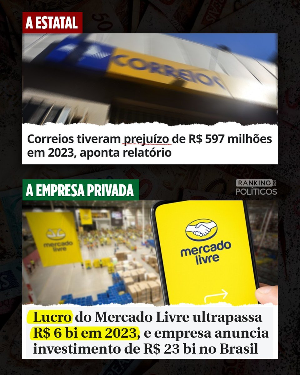 RankPolitico's tweet image. Mesmo tendo diversas isenções de impostos, os Correios conseguem fechar com prejuízos anuais. E claro, todo prejuízo de estatal é pago pelo seu dinheiro.

A solução? PRIVATIZA!

Só assim para a empresa passar a operar visando o bom atendimento ao cliente e boa saúde financeira

+