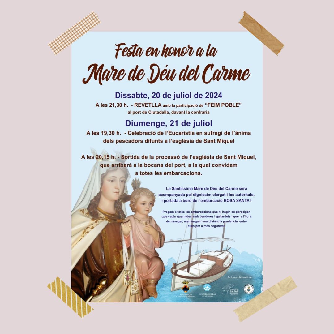 👉 Aquest dissabte, 20 de juliol, a les 21:30 hores, el grup de cantaires Feim Poble, participarà en la revetlla de la festa en honor a la Mare de Déu del Carme, al port de Ciutadella, davant la confraria ⛵🎼.

📆 20/07
🕕 21:30 h
📍 al port de Ciutadella, davant la confraria