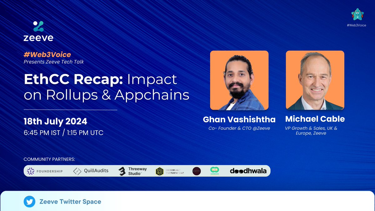 Zeeve🔺 (@0xzeeve) on Twitter photo Join us for an <a href="/EthCC/">EthCC - Ethereum Community Conference</a> Recap AMA! 🎙️
On the 18th of July, <a href="/GhanVashishtha/">Ghan Vashishtha</a> (CTO, Zeeve) and <a href="/cable_michael/">Michael Cable</a> (VP Growth & Sales, UK & Europe) will debrief the happenings from #EthCC and its numerous side events. 🎯
Get ready for insights on:
🔹The latest trends in #Rollups Join us for an <a href="/EthCC/">EthCC - Ethereum Community Conference</a> Recap AMA! 🎙️
On the 18th of July, <a href="/GhanVashishtha/">Ghan Vashishtha</a> (CTO, Zeeve) and <a href="/cable_michael/">Michael Cable</a> (VP Growth & Sales, UK & Europe) will debrief the happenings from #EthCC and its numerous side events. 🎯
Get ready for insights on:
🔹The latest trends in #Rollups