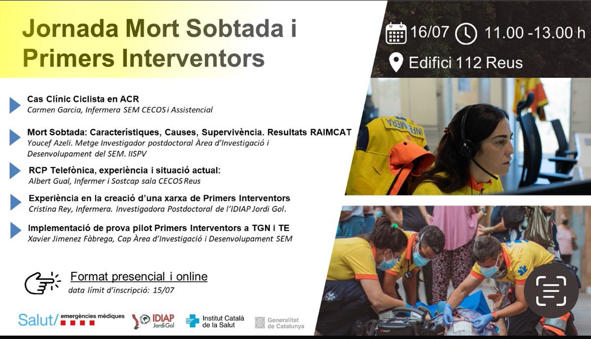 👉Avui a Tarragona hem presentat l’estudi pilot de primers interventors voluntaris per millorar l’assistencia inicial a la mort sobtada cardiaca. 

👉Un exit de participació! 

<a href="/semgencat/">SEM. Generalitat</a> <a href="/IDIAPJGol/">IDIAPJGol</a> <a href="/xjfabrega/">xavi jiménez fàbrega</a> <a href="/Cristinareyr/">Cristina</a> <a href="/Victori21988776/">Victoria Torres Machado</a> <a href="/AlbertGual/">Albert Gual Falip</a> <a href="/ccr_cat/">CCR</a> <a href="/simulacioURV/">Centre de Formació i Innovació en Simulació</a>