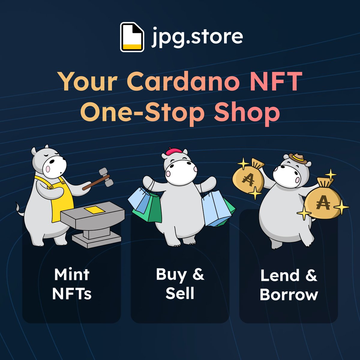 JPG Store is your Cardano NFT One-Stop Shop ✓ On JPG, you can: • Mint NFTs  • Buy NFTs • Sell NFTs • Lend ADA • Borrow ADA See the examples below 👇