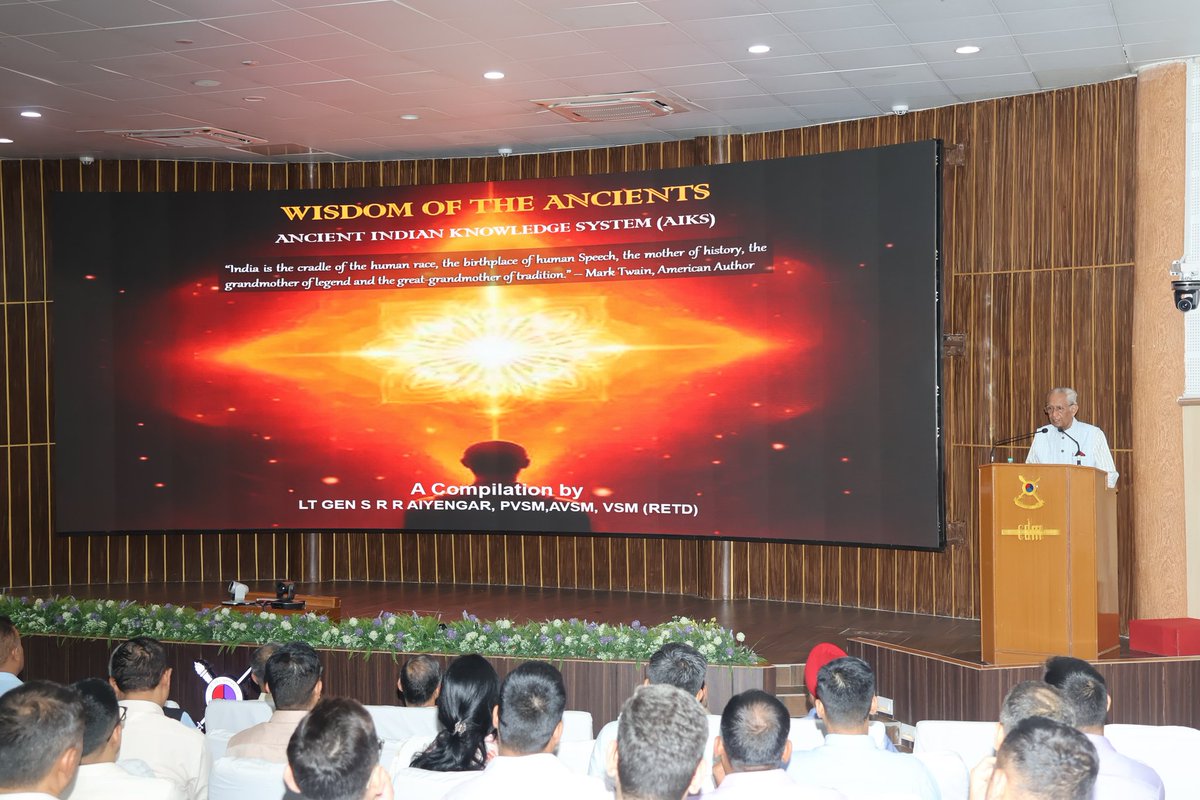 dprohyd's tweet image. Lt Gen SRR Aiyengar PVSM, AVSM, VSM (Retd) delivered a lecture on &apos;Ancient Indian Knowledge System&apos;  at Forum for Indian Strategic Culture and Thought of #CDM_IDS sharing valuable insights from his book &apos;Wisdom of the Ancients&apos;.
#AIKS #AncientIndianKnowledge #CDM_IDS