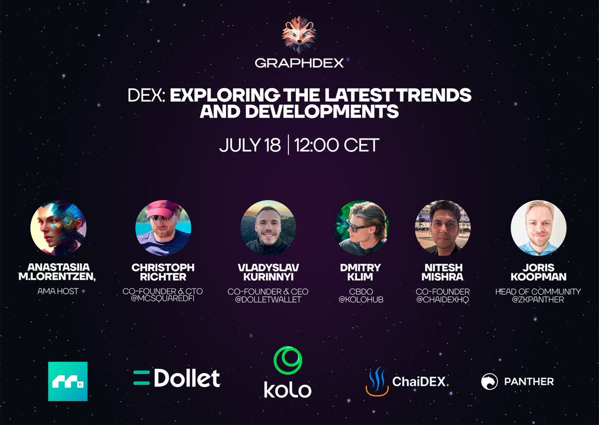 Announcement of AMA session🎉

What we'll be talking about: DEX: Exploring the Latest Trends and Developments

We invited <a href="/piffie/">Chris l MC²</a>,<a href="/V_dollet/">Vladyslav</a>, <a href="/dklimat1155/">Dmitry</a>, <a href="/nitesh_m13/">Nitesh Mishra</a>,<a href="/Joris_Koopman/">Joris Koopman</a>
When: July 18
What time: 12:00 CET
Where to watch: x.com/i/spaces/1mnxe…