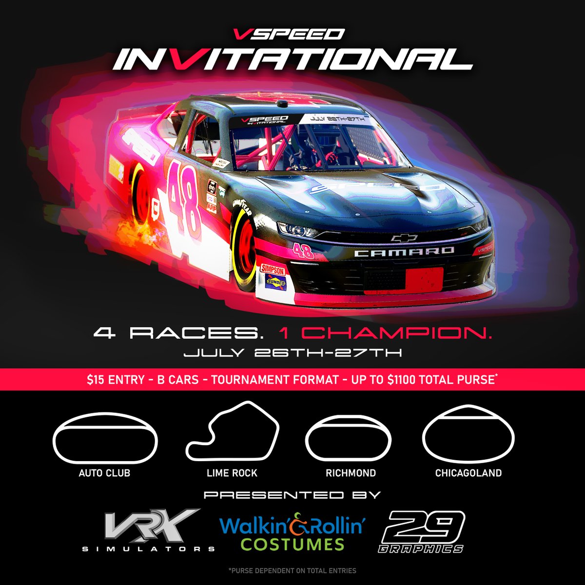 We are proud to introduce the first ever VSPEED InVitational Event. Take a chance at glory and fight through two rounds of races for a chance to win it all. $15 entry with up to $1100 on the line🏆

Event information here: docs.google.com/document/d/1ff…

#VSPEED #InVitational