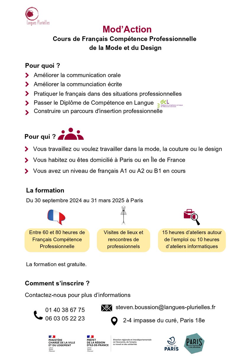 [Offre de formation] 

Vous connaissez des personnes qui veulent travailler dans la mode, la couture ou le design ?

🇫🇷 Groupe 1 : B1 ou + à l'oral et A2 ou + à l'écrit
🇫🇷 Groupe 2 : A1 ou A2 en cours
📅 sept. 2024 - mars 2025
⌚ 1 à 2 fois par semaine

langues-plurielles.fr/index.php/nos-…