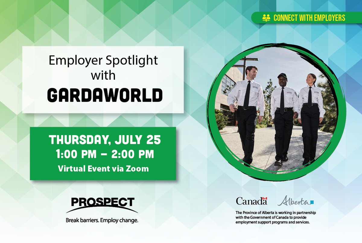 ProspectEmploy's tweet photo. Ever wondered what it is like working in the world of security?

GardaWorld is joining us online to share their recruitment process, available job opportunities, tips on how to apply, and much more. 

Register at https://t.co/2JPuHBOvkV https://t.co/kmacbz7HvV