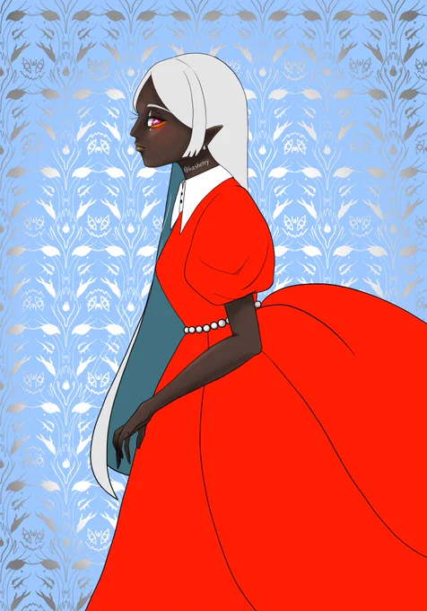 赤いドレスのダークエルフさん カーテゥーンみたいに線の少ないサラサラ髪が美しい 怖い話聞きながら描いたからホラーテイストなった