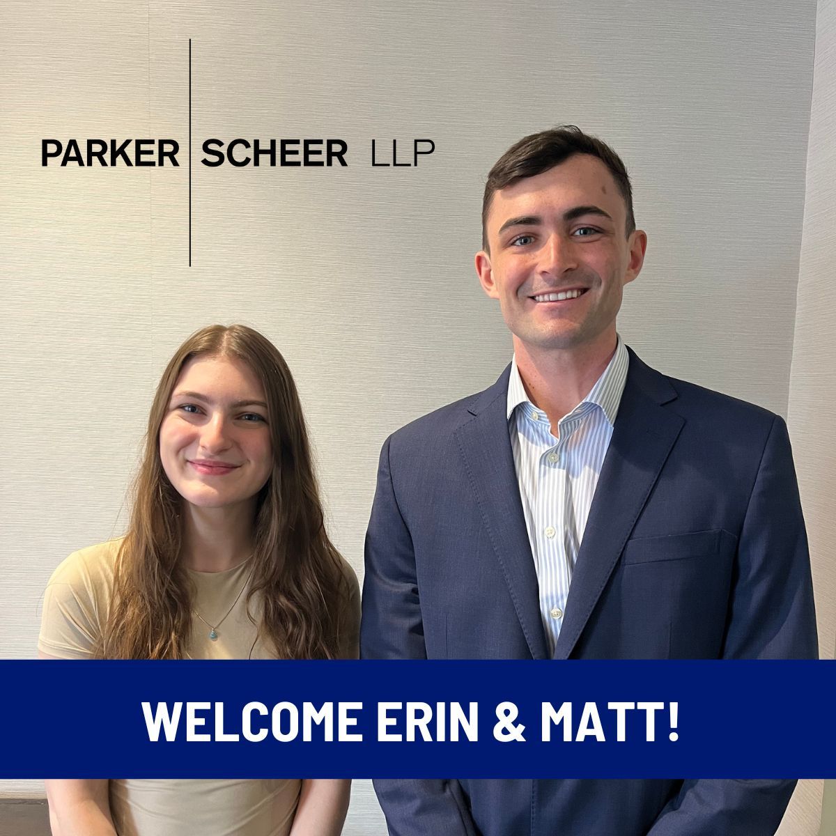 We’re excited to welcome Erin Rosa &amp; Matthew Ryan as summer law clerks at Parker Scheer! Erin &amp; Matt are part of the <a href="/Suffolk_Law/">Suffolk University Law School</a> “Accelerator-to-Practice Program” and just finished 1L. Their clerkship with us is part of the program. Please join us in welcoming Erin and Matt!