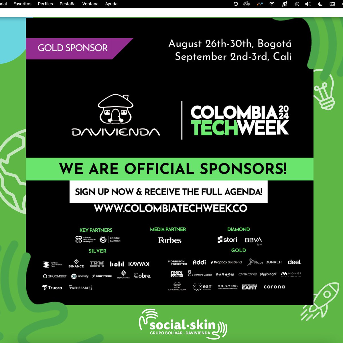 Social_Skin_'s tweet photo. 🎉 Finalmente se anuncia la agenda del @Colombia Tech Week 2024, evento del que somos orgullosamente sponsors. Actividades para los entusiastas de la tecnología del país en todos los formatos.

Inscríbete en https://t.co/DzWdnkGmvr y entérate de todas las noticias. 📅 https://t.co/i4BPxgwgIF