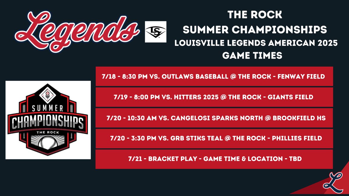 Louisville Legends American 2025 (@25legendsam) on Twitter photo Our POOL PLAY Schedule for the <a href="/PrepBaseballWI/">Prep Baseball Wisconsin</a> Summer Championship this week in Wisconsin
@LouLegendsbb Our POOL PLAY Schedule for the <a href="/PrepBaseballWI/">Prep Baseball Wisconsin</a> Summer Championship this week in Wisconsin
@LouLegendsbb