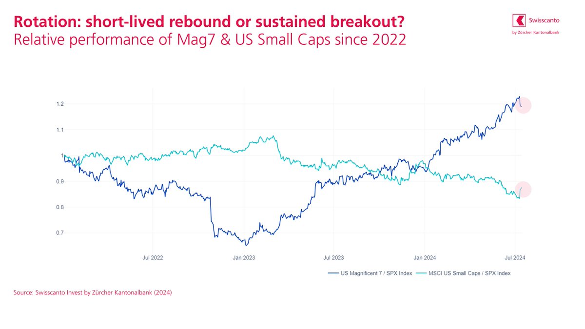 R_nicolodi's tweet photo. The #rotation into #smallcaps away from expensive large-cap #tech stocks, continues. How far can this go? Soft landing #sentiment , #ratecut expectations &amp; better #marketbreadth support the move. However,  #slowdown risks &amp; renewed political uncertainty could break the #momentum. https://t.co/Le6EsyWK4j