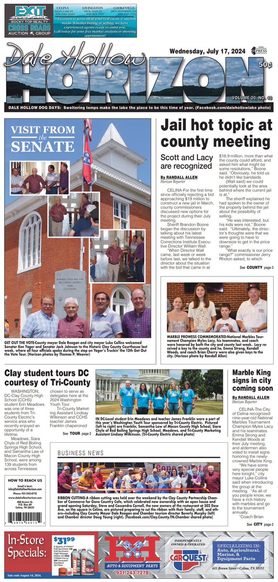 IN THIS WEEK’S NEWSPAPER:

Read the latest on the new jail project.

See scenes from a “Visit from the Senate.”

Find out how the “Marble King” will be honored.

Get details about a local student’s trip to Washington, DC.

And discover much more in this week’s Dale Hollow Horizon