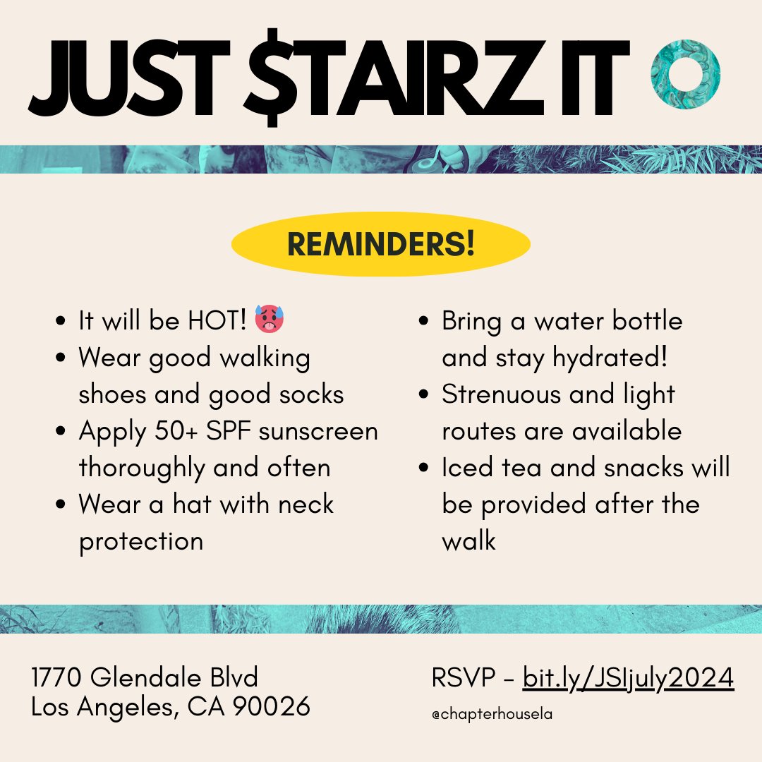 Join us at The Chapter House on Saturday, July 27 from 10 AM to 12 PM as we Just $tairz It! Get moving with our monthly walking group as we explore the stairs of Echo Park together. 

🔗Register at bit.ly/JSIjuly2024 or via the link in our bio⁠
