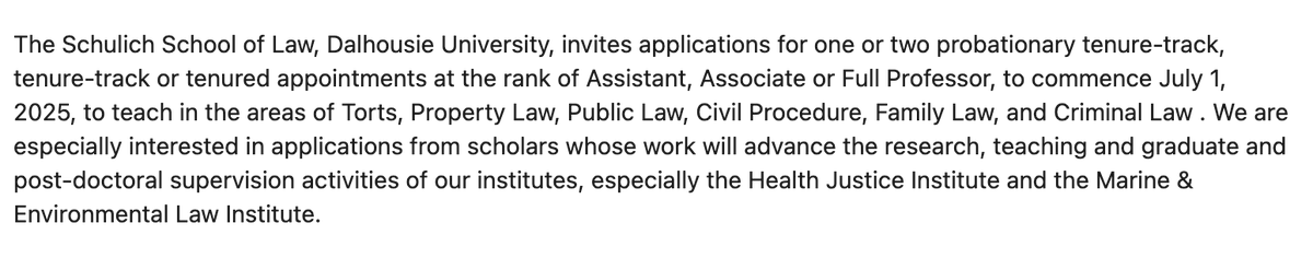 Matthew Herder (@mattherder.bksy.social) (@cmrherder) on Twitter photo Heads up health justice/law types! Please RT:
We're hiring for a tenure-track position <a href="/SchulichLaw/">Schulich School of Law</a> <a href="/DalhousieU/">Dalhousie University</a>!
Details on the position & how to apply at this link:
dal.peopleadmin.ca/postings/17160
*Nb the areas of priority interest in the description below.
Deadline: Sept. 15! Heads up health justice/law types! Please RT:
We're hiring for a tenure-track position <a href="/SchulichLaw/">Schulich School of Law</a> <a href="/DalhousieU/">Dalhousie University</a>!
Details on the position & how to apply at this link:
dal.peopleadmin.ca/postings/17160
*Nb the areas of priority interest in the description below.
Deadline: Sept. 15!