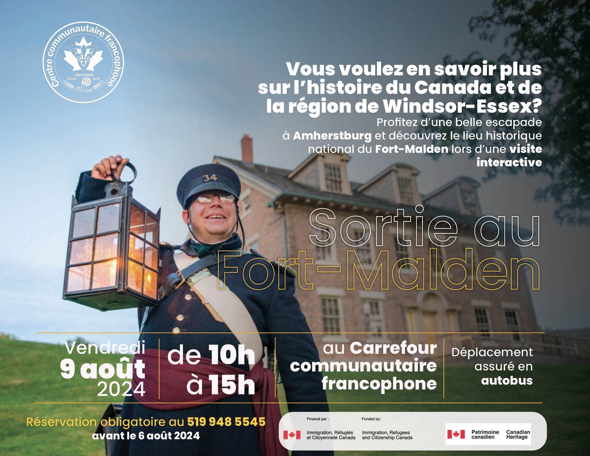 Découvrez le Fort-Malden: un aperçu fascinant de l’histoire militaire canadienne, comprenant la guerre de 1812 et la rébellion du Haut-Canada de 1837-38. 
 Visite gratuite organisée par le CCFWEK Vendredi 9 Août 2024 de 10h à 15 h. Contactez le 519 948 5545
