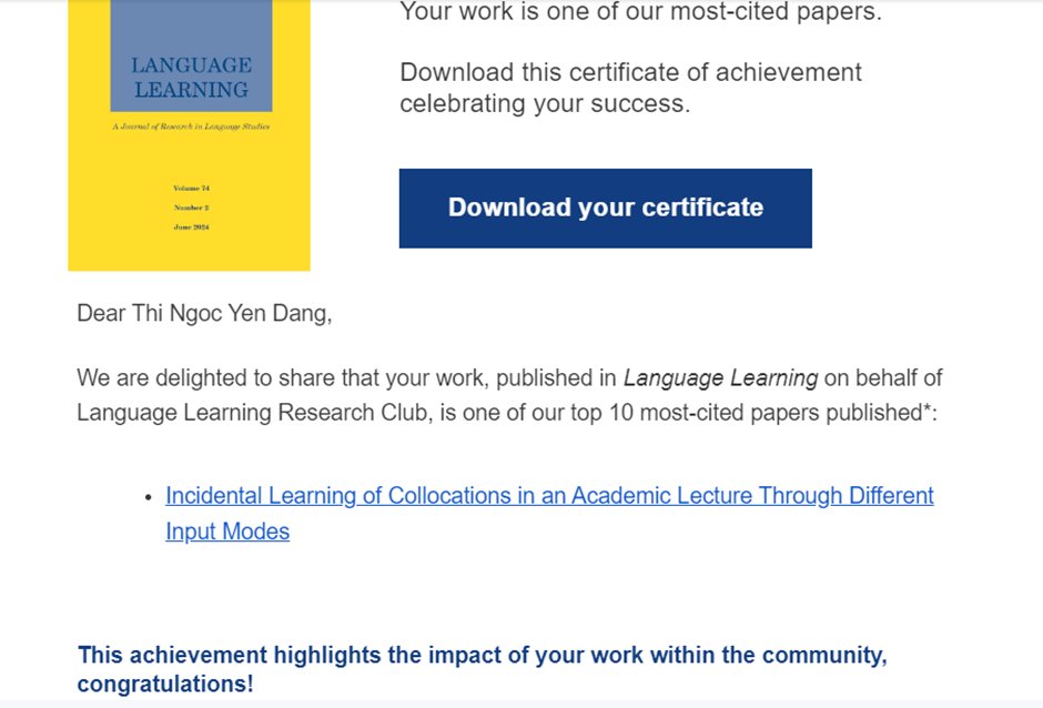 YenDang101's tweet photo. Happy to share that our article is one of the top 10 most-cited articles published by Language Learning in 2022-2023 #TopCitedArticle https://t.co/dAFkbZn5tw