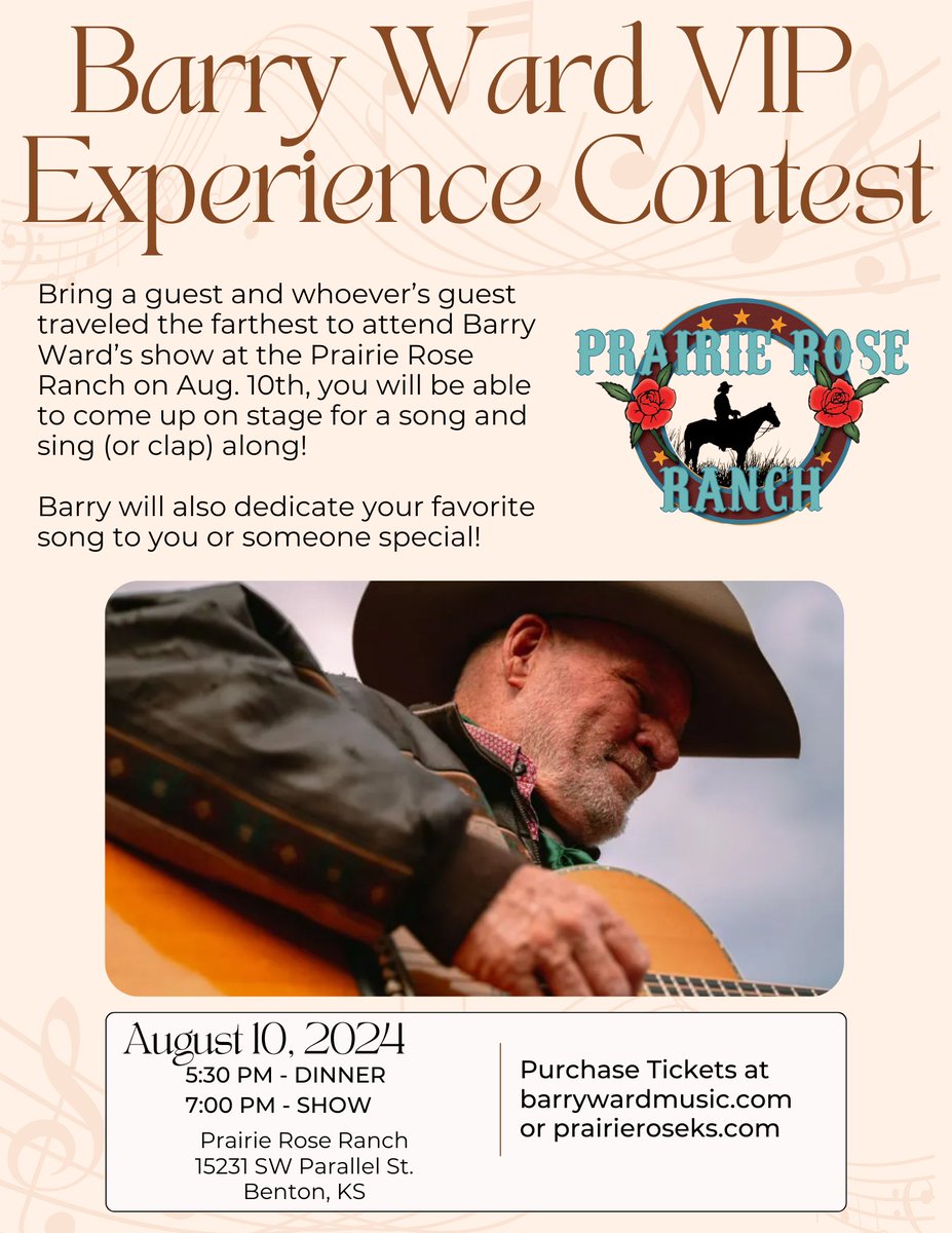 BarryWardMusic's tweet photo. Contest Announcement: Bring a guest and whoever’s guest traveled the farthest to attend Barry Ward’s show at the Prairie Rose Ranch on Aug. 10th, you will be able to come up on stage for a song and sing (or clap) along, and more!

Grab your tickets now at https://t.co/6tOtYxwI8b https://t.co/fyoa5bTNcO