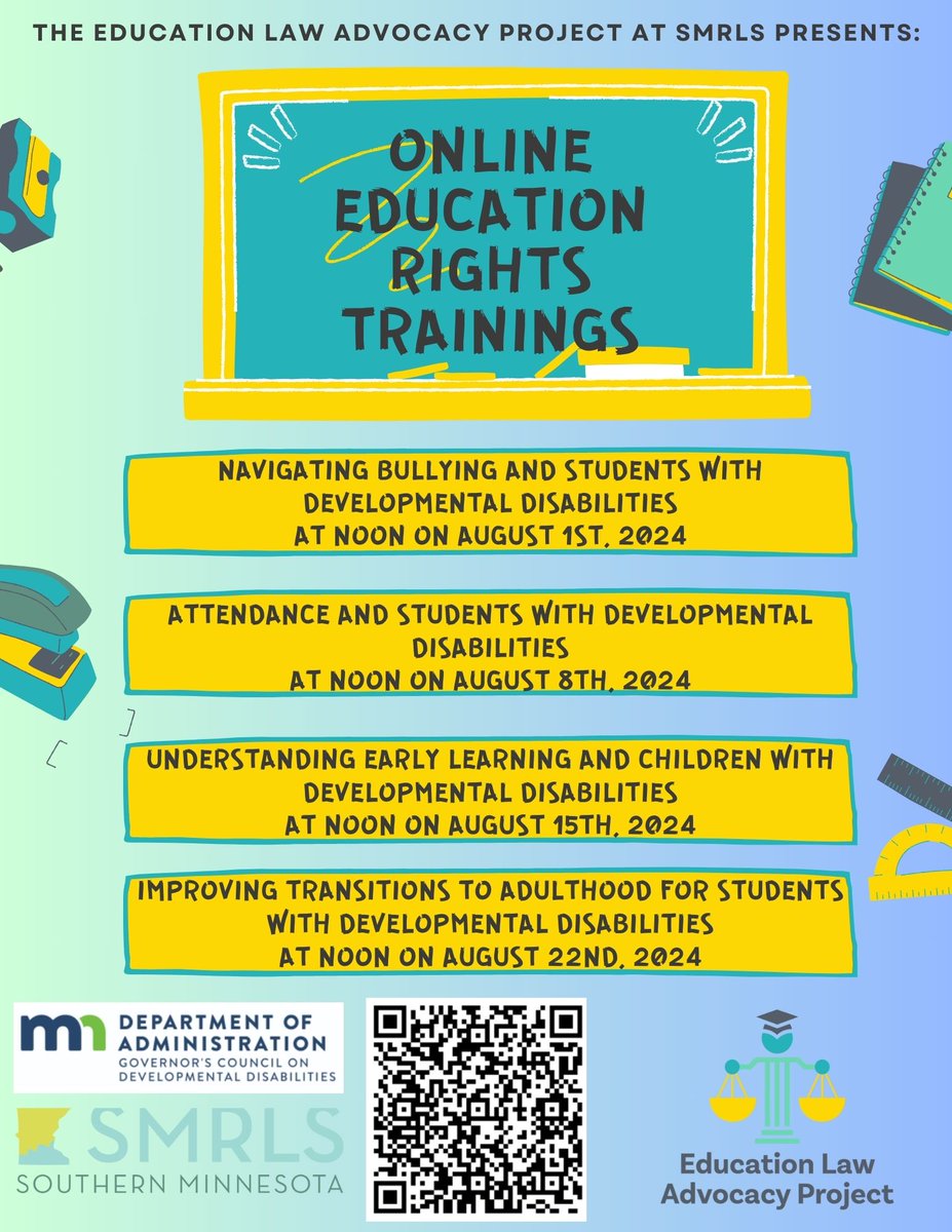 LawHelpMN's tweet image. Register now for online Education Rights trainings in August! Hosted by the Education Law Advocacy Project (ELAP) of Southern Minnesota Regional Legal Services, these free events are open to everyone - parents and professionals. Register with the QR code on the flyer.