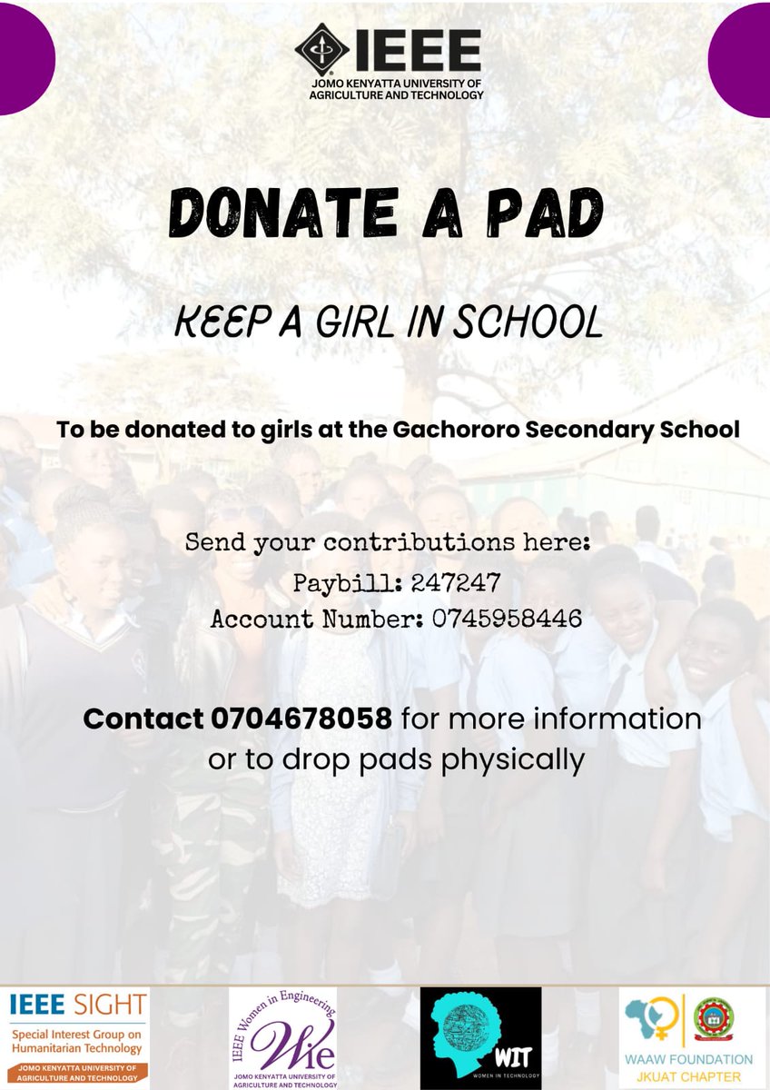 🌼Every girl deserves the chance to attend school with dignity and confidence.

🌼Join us in making a difference! Your contribution can help provide sanitary towels for girls at Gachororo Secondary School, ensuring they don't miss out on their education.