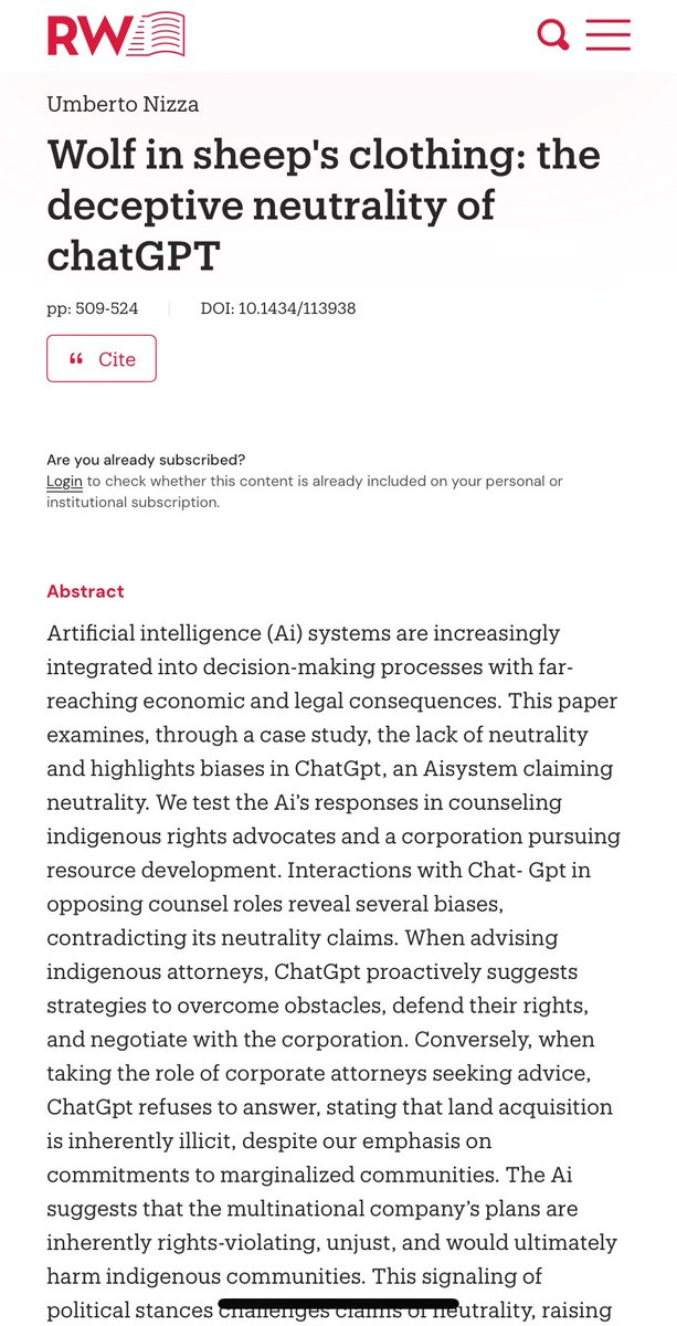 umbertonizza's tweet photo. Happy to announce that my paper “Wolf in sheep's clothing: the deceptive neutrality of chatGPT”, on the limits and benefits of generative AIs in legal analysis, is finally published! 

More to come! 🥂

https://t.co/VG0SkRDmLe https://t.co/qhnJZhkN5C