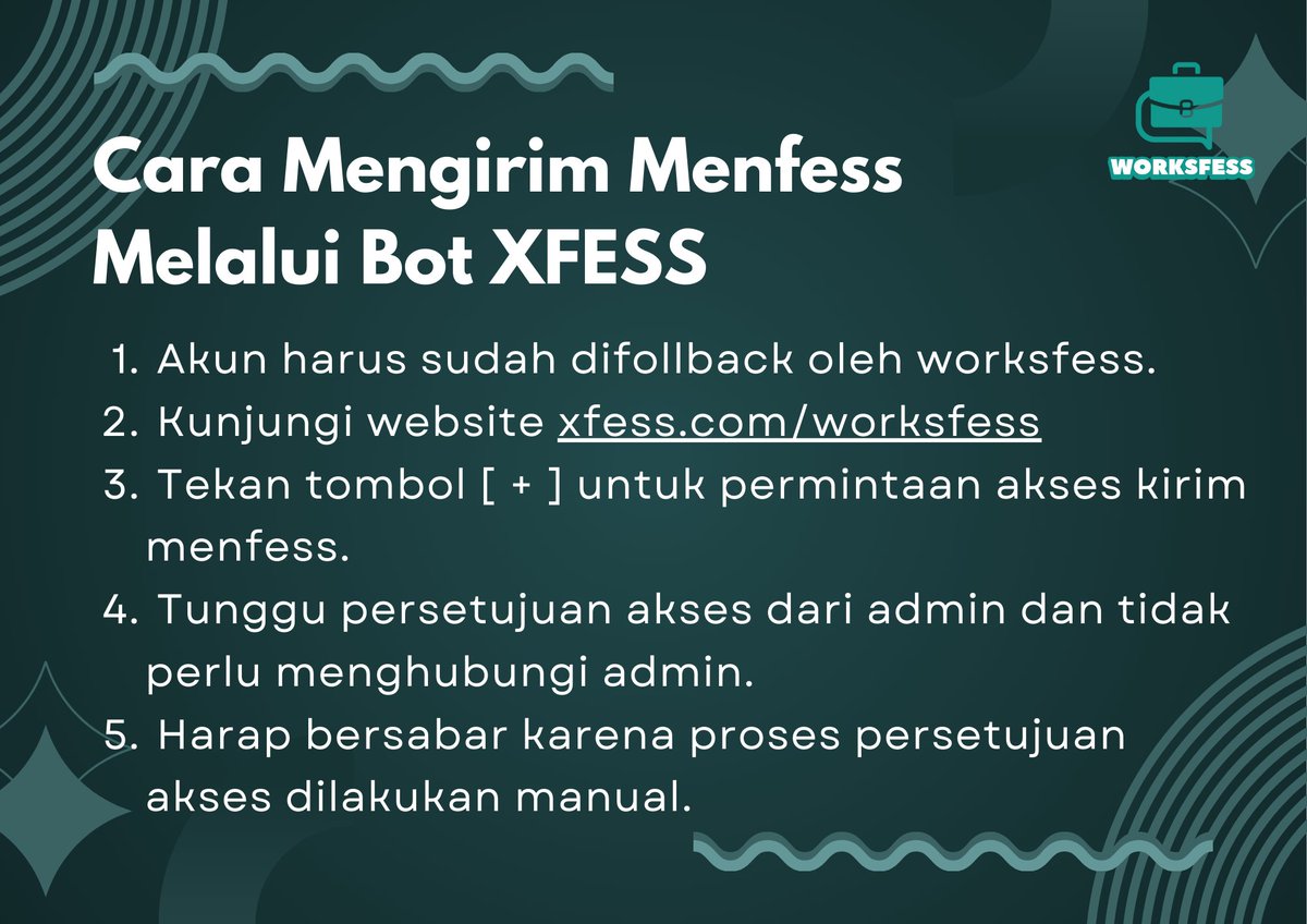 worksfess's tweet image. [Pengumuman]

Uji coba bot XFESS untuk mengirim menfess.
1. Akun harus sudah difollback oleh worksfess.
2. Kunjungi website xfess.com/worksfess
3. Tekan tombol [+] untuk permintaan akses kirim menfess.
4. Tunggu persetujuan akses dari admin dan tidak perlu menghubungi admin.…