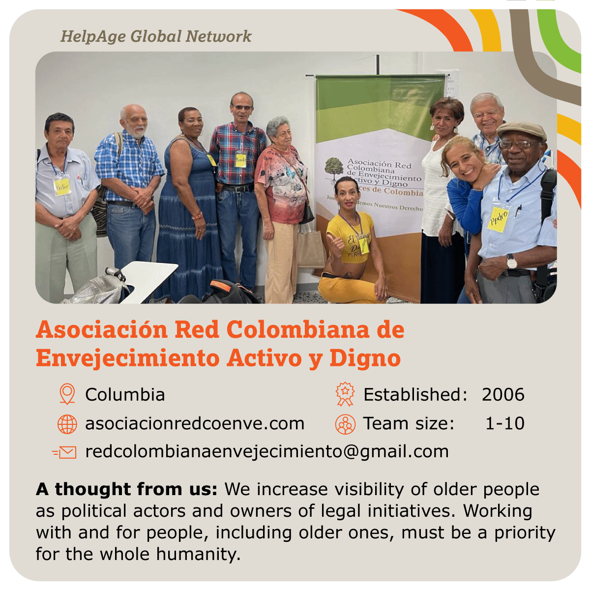 HelpAge's tweet photo. 🌍 Discover #HelpAgeNetwork member: Asociación Red Colombiana de Envejecimiento Activo y Digno (REDCOENVE) 🇨🇴
Follow us for more #HelpAgeNetwork cards and collect them all!
#partnerships https://t.co/SpNvcLWiYG