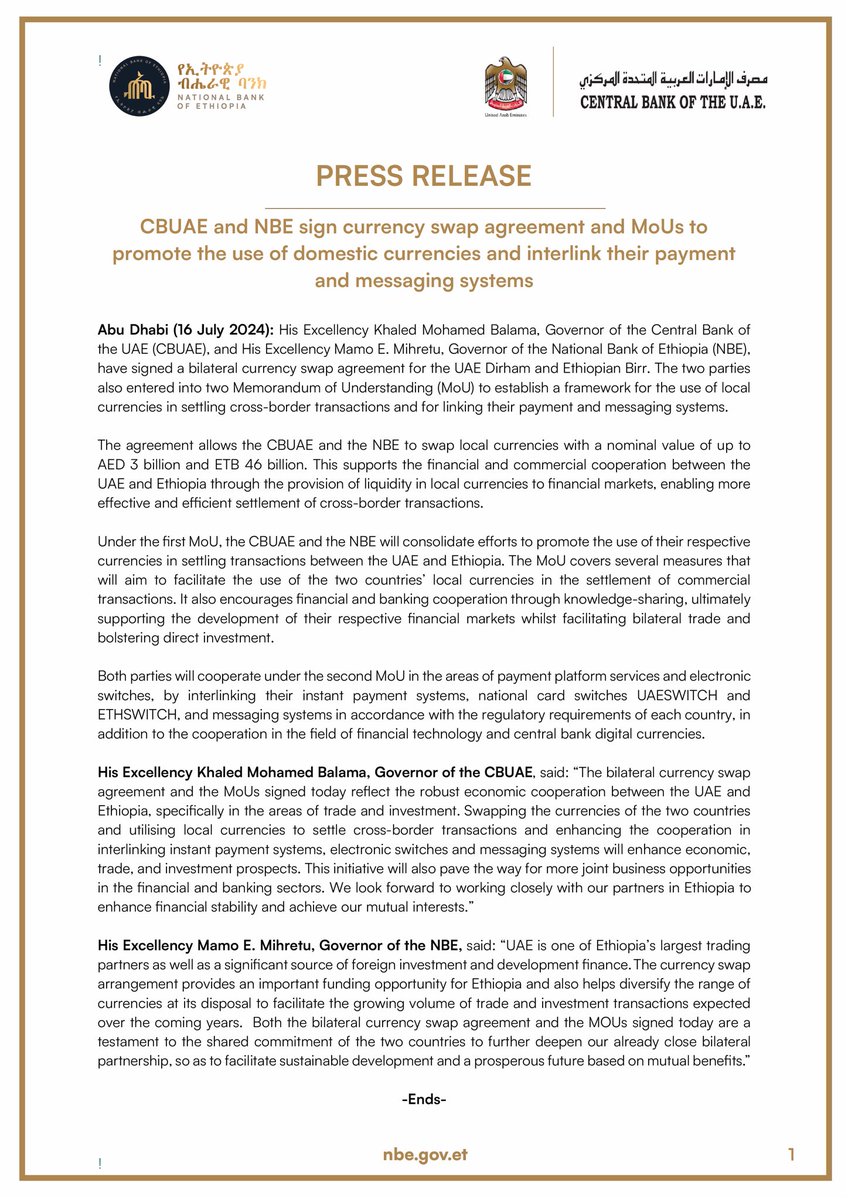 NBEthiopia's tweet photo. The National Bank of Ethiopia and the Central Bank of the U.A.E. signed a currency swap agreement and MoUs to promote the use of domestic currencies and interlink their payment and messaging systems. https://t.co/rI2n791Wjp