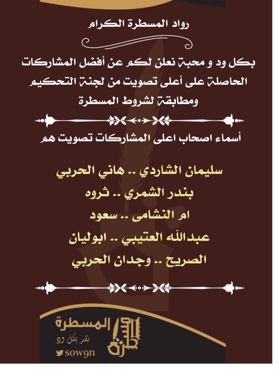 SoW9n's tweet photo. رواد #المسطرة الكرام
ابتسموا وانتم تسعون في الارض
.
العشرة المبشرين بالفوز 
في فقرة #المسطرةمجاراة 
.
الف مبروك
الترتيب عشوائي
.
@s_b_alshardi
@hanial7arbi8241
@AljrwanyBndr
@trwah2776261
@amalnshama11122
@SaAlenzy
@albadi40
@alielgady1
@9D_F87
@EonOt66
.
. https://t.co/CYIfF6459L