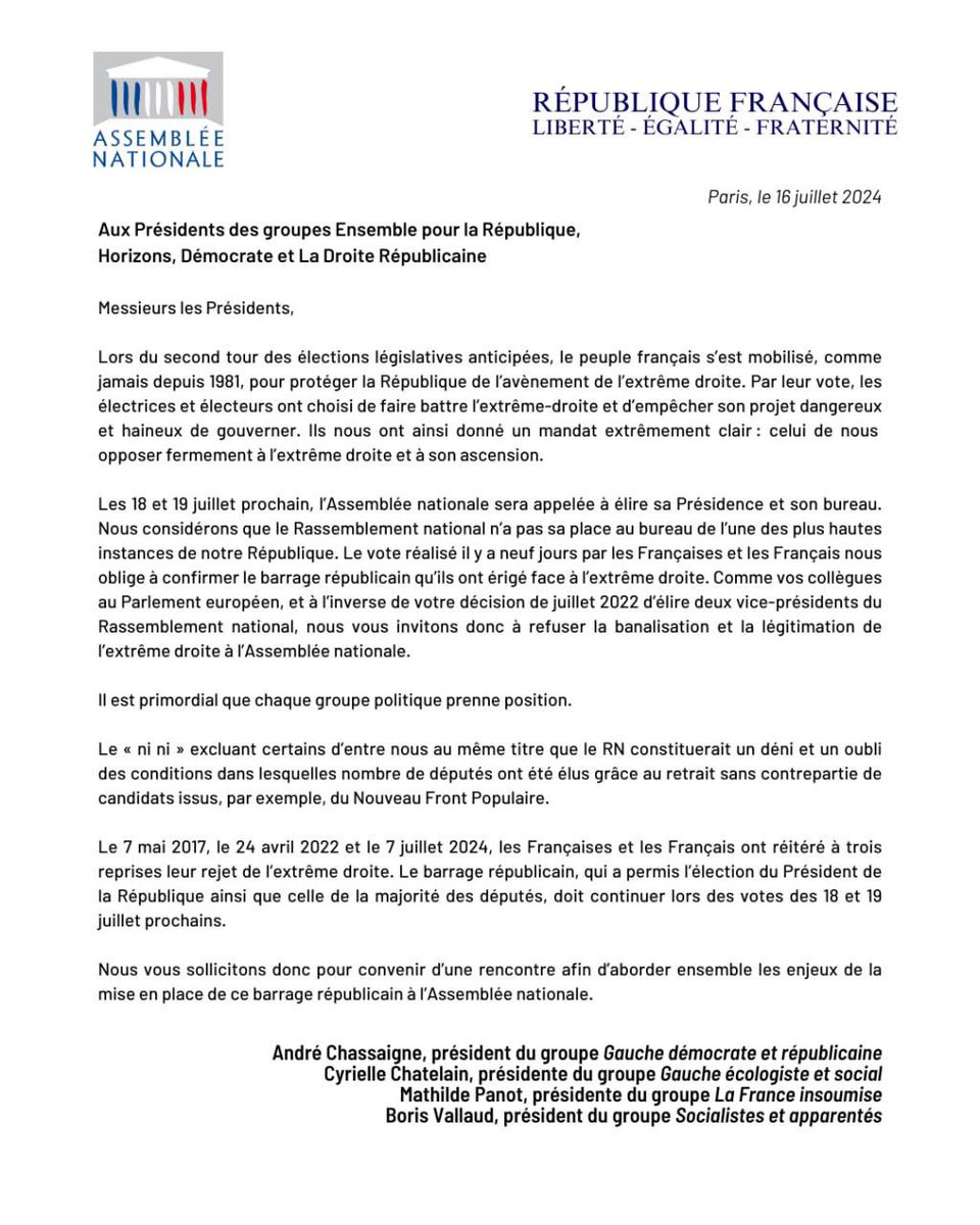 MathildePanot's tweet image. Lettre aux Présidents de groupe 

Pas un poste au bureau de l’Assemblée à l’extrême-droite !
