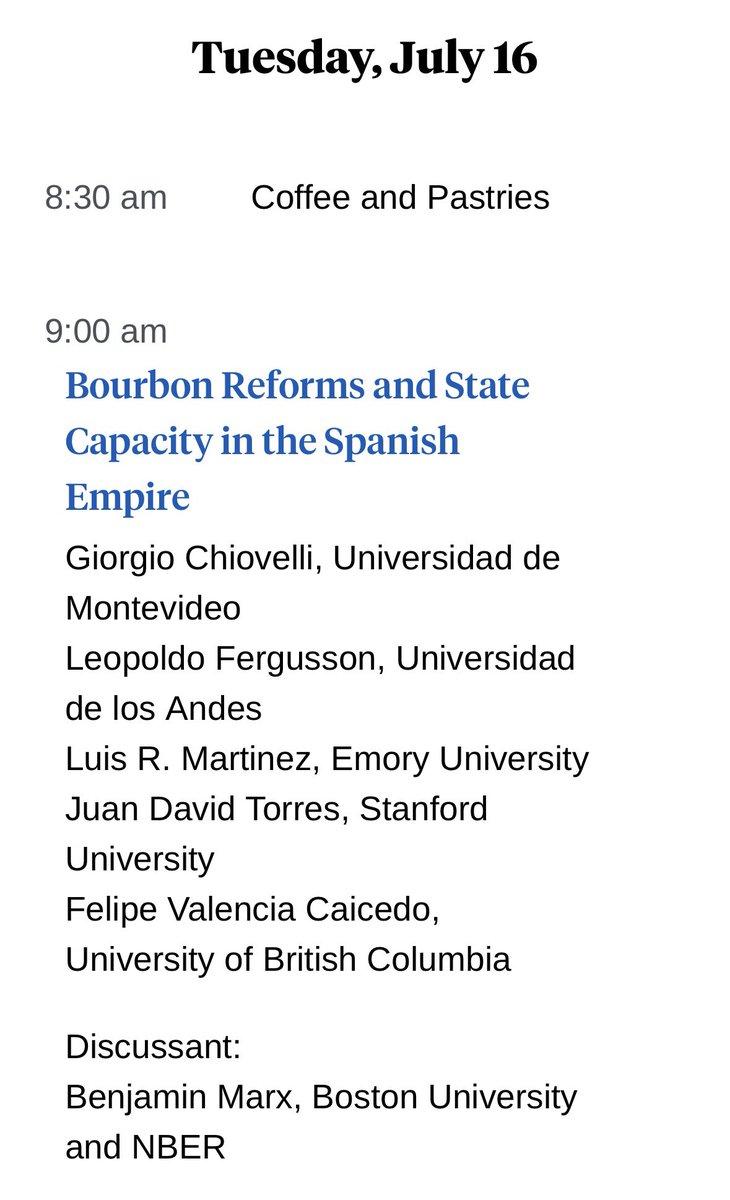 Great to have our paper on the Intendancy Bourbon reform and state capacity open the <a href="/nberpubs/">NBER</a> Political Economy Summer Institute nber.org/conferences/si… <a href="/LuisRMartinezA/">Luis R. Martinez</a> <a href="/GChiovelli/">Giorgio Chiovelli</a> <a href="/LeopoldoTweets/">Leopoldo Fergusson</a> <a href="/jdtorres96/">Juan David Torres</a>