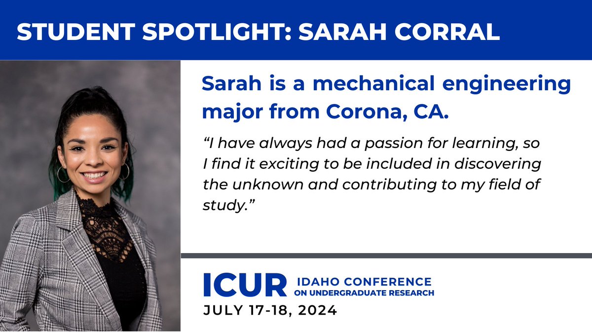 Sarah studies infant body position in car seats to promote safe travel for infants. Learn more about her research at #ICUR2024

linktr.ee/studentresearch

#undergraduateresearch #summer #conference #Idaho