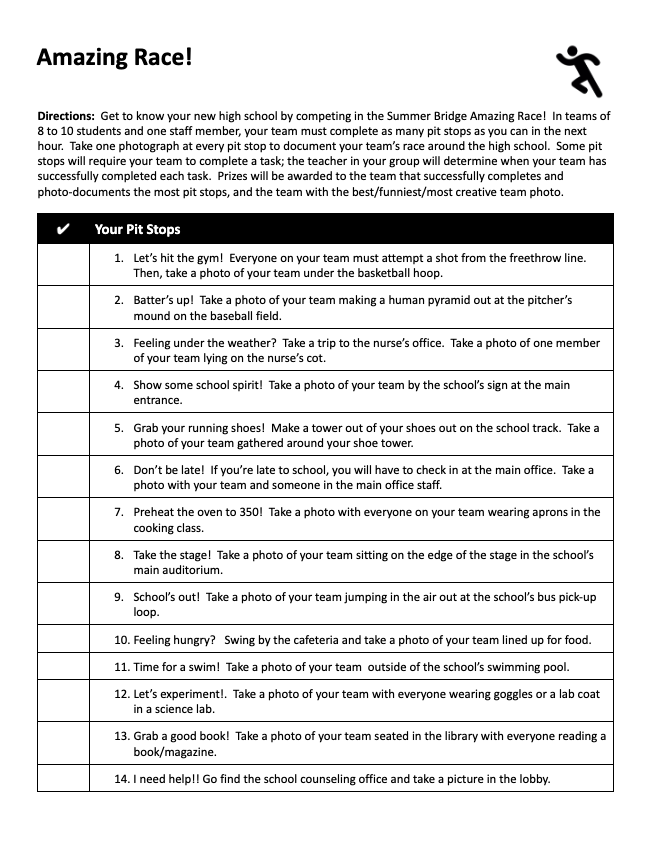 Ready, set, GO explore the school! 🏃

This Amazing Race School Scavenger Hunt from <a href="/ctrisenetwork/">Connecticut RISE Network</a> is worth saving for team-building with your staff and students in the fall. 

docs.google.com/document/d/1Qi…