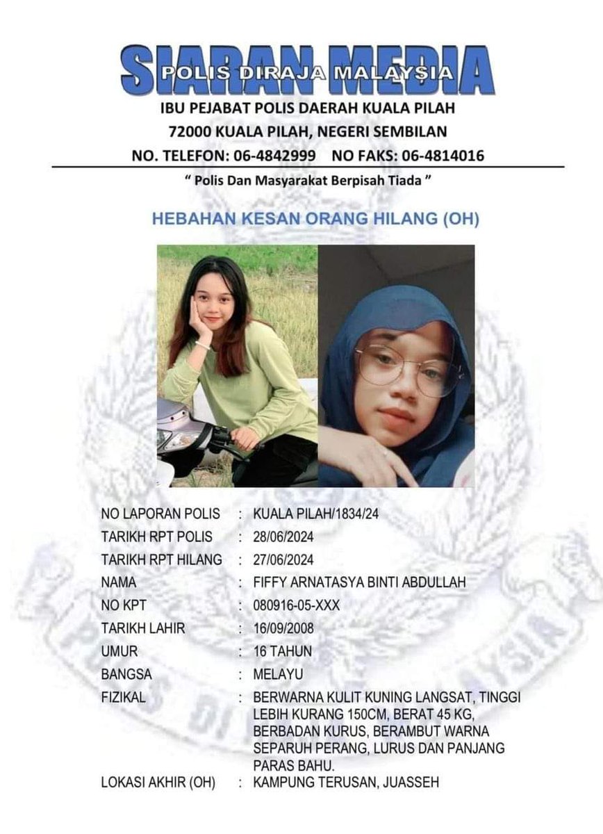 akyemsamad's tweet photo. Ketika ini, terdapat lagi seorang gadis hilang iaitu Fiffy Arnatasya Abdullah sejak 27 Jun lalu.

Pernah hilang kali pertama dan berjaya ditemui ahli keluarga lalu pulang.

Namun untuk kehilangan kali kedua, ia sudah memasuki hari ke-18.

Pulanglah dan jangan beri berita sedih! https://t.co/2jd3UfZiEE