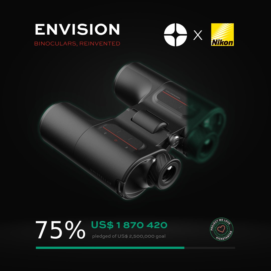 Unistellar's tweet photo. 🚀 We’re 75% Funded! 🚀

Thank you to everyone who has supported the Envision binoculars project so far! We are thrilled to announce that we've reached 75% of our funding goal with a total of $1,870,420 pledged! 🙌

Envision is not just any binocular—it's a reinvention. We’ve partnered with Nikon to bring you the best in optical innovation, and we can’t wait to share this amazing product with you.

But we still need your help to reach our ultimate goal of $2,500,000. Spread the word, share our campaign with your friends, and let’s make this vision a reality together!

https://t.co/7mbpPHpNfA

🌟 Thank you for being a part of our journey. Stay tuned for more updates and exciting news!

#Envision #Kickstarter #Innovation #Nikon #BinocularsReinvented #ThankYou #ProjectWeLove