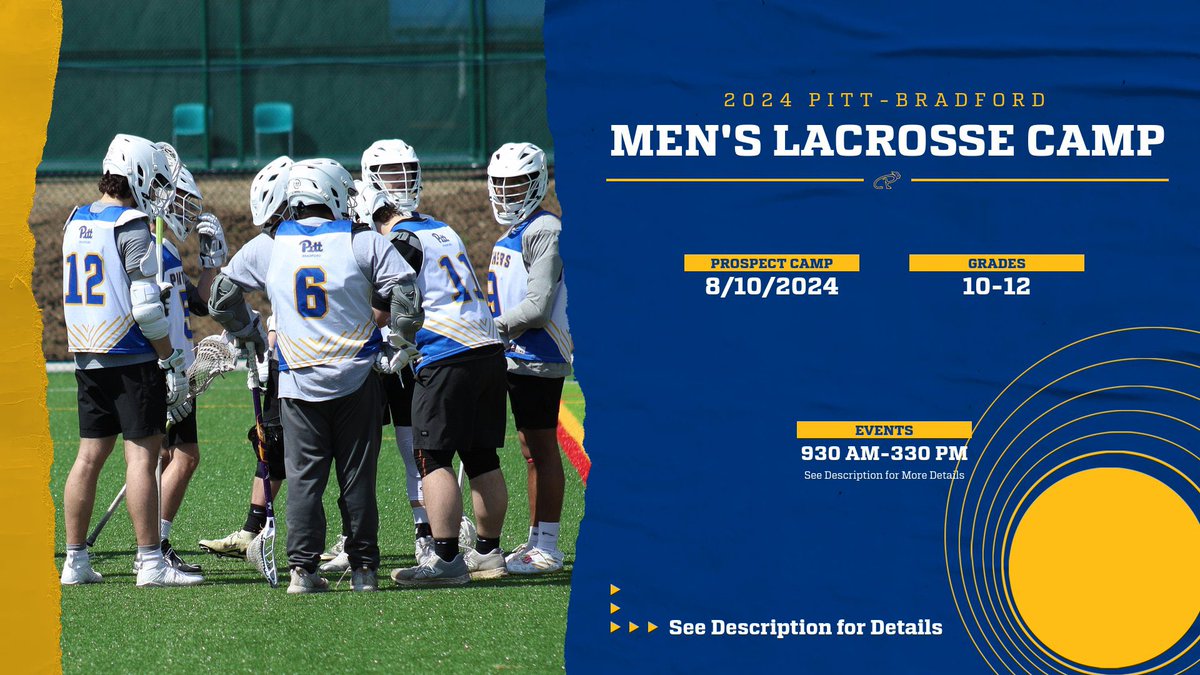 Pitt-Bradford Men’s Lacrosse Summer 2024 Prospect Camp

Open to 10th-12th.

✅930 Check In
🏫1030 Tours/Q&amp;A
❓1230 Recruiting Q&amp;A
🥍100 Camp

Catch us then enjoy the Bradford Italian Festival downtown!

$90 Includes Admission/Tee/Pinnie

8/10 @ UPB