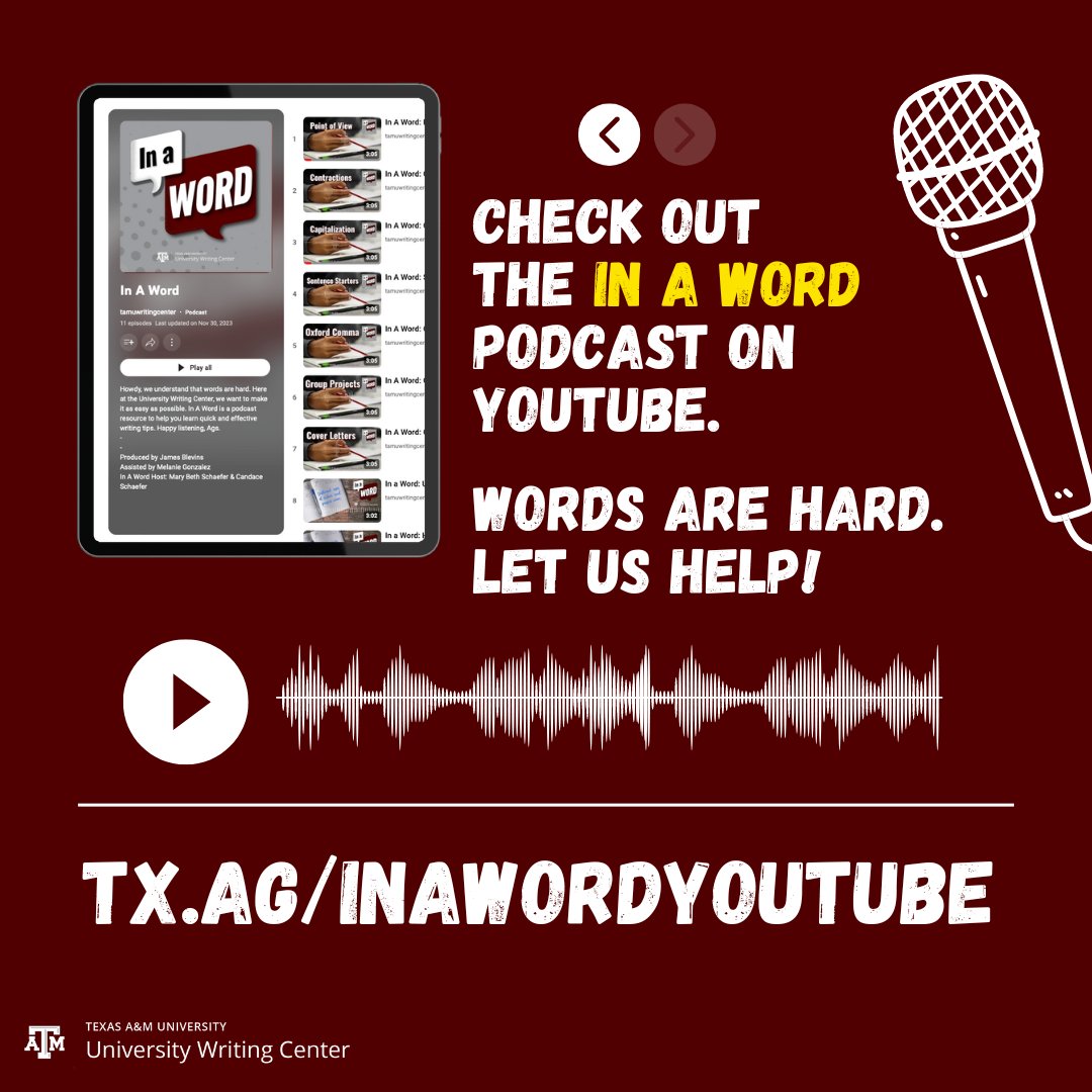 tamuwc's tweet image. Need something to listen to this summer? Look no further! You can listen to the In A Word podcast on our YouTube channel for writing tips and advice. Visit tx.ag/InAWordYouTube to start your #UWCSummerListening.
