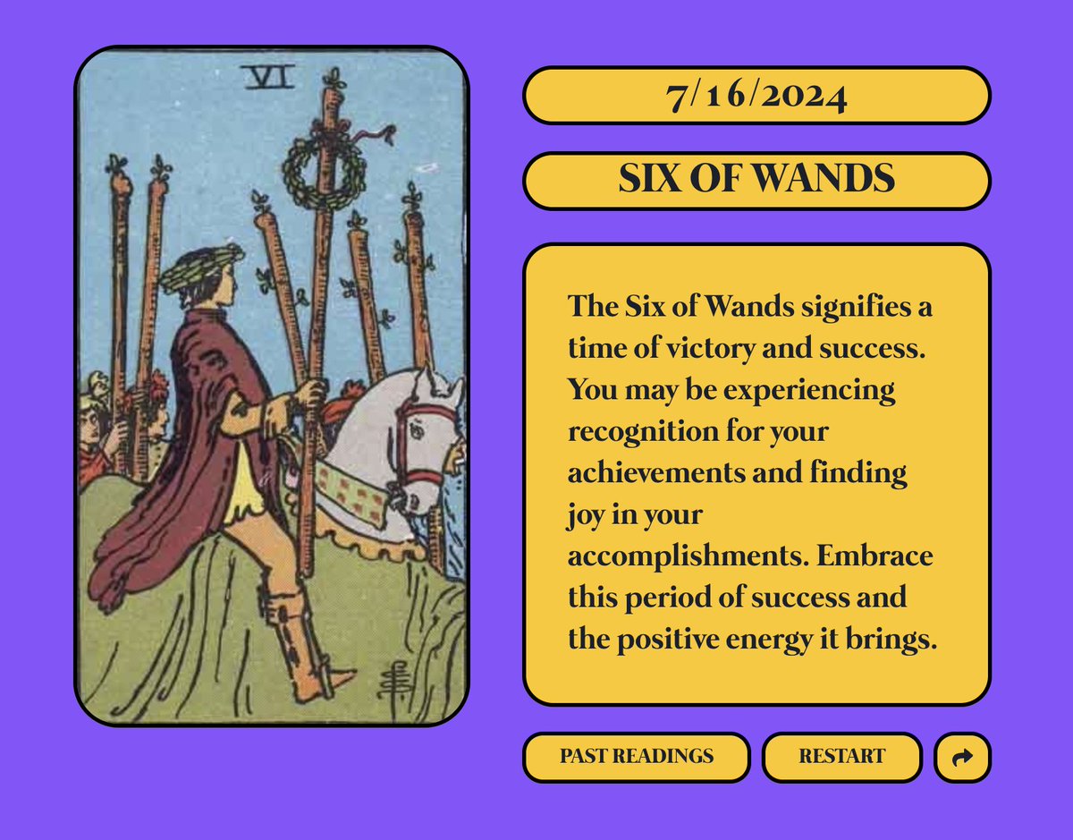 received my first onchain tarot reading 🔮 six of wands helping me call in success this week. love the project <a href="/taramoves/">⭐️ tara | तारा ⭐️</a>!

nftarot.com