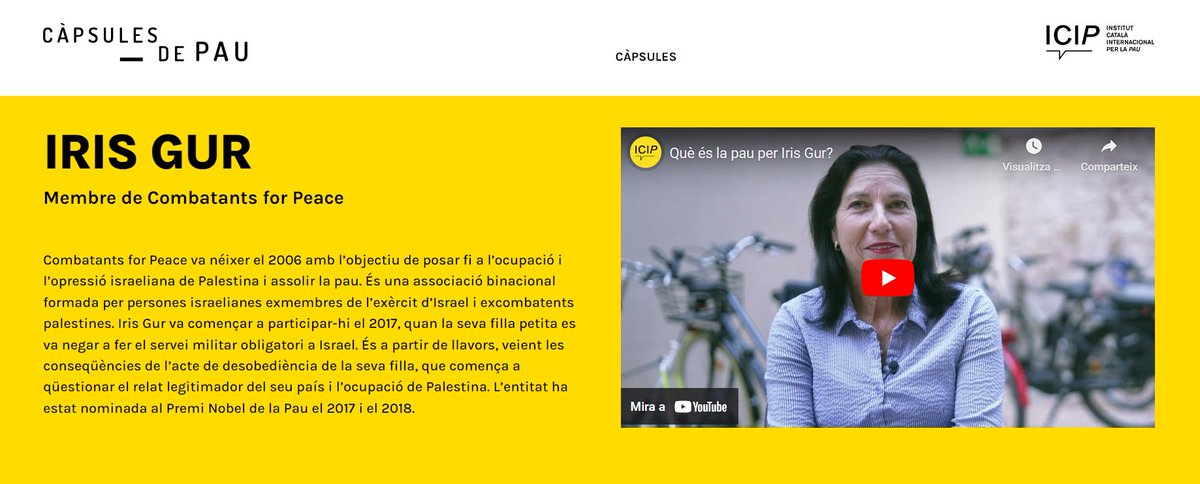 Iris Gur, activista israeliana i membre de <a href="/cfpeace/">Combatants for Peace</a>, ens explica que és per a ella la #pau.

🗨️"La pau és que la meva millor amiga, palestina d'Hebron, pugui venir a casa meva i jo a la seva sense por que ens detinguin o ens disparin"

icip.cat/ca/capsula/iri…

#CàpsulesdePau