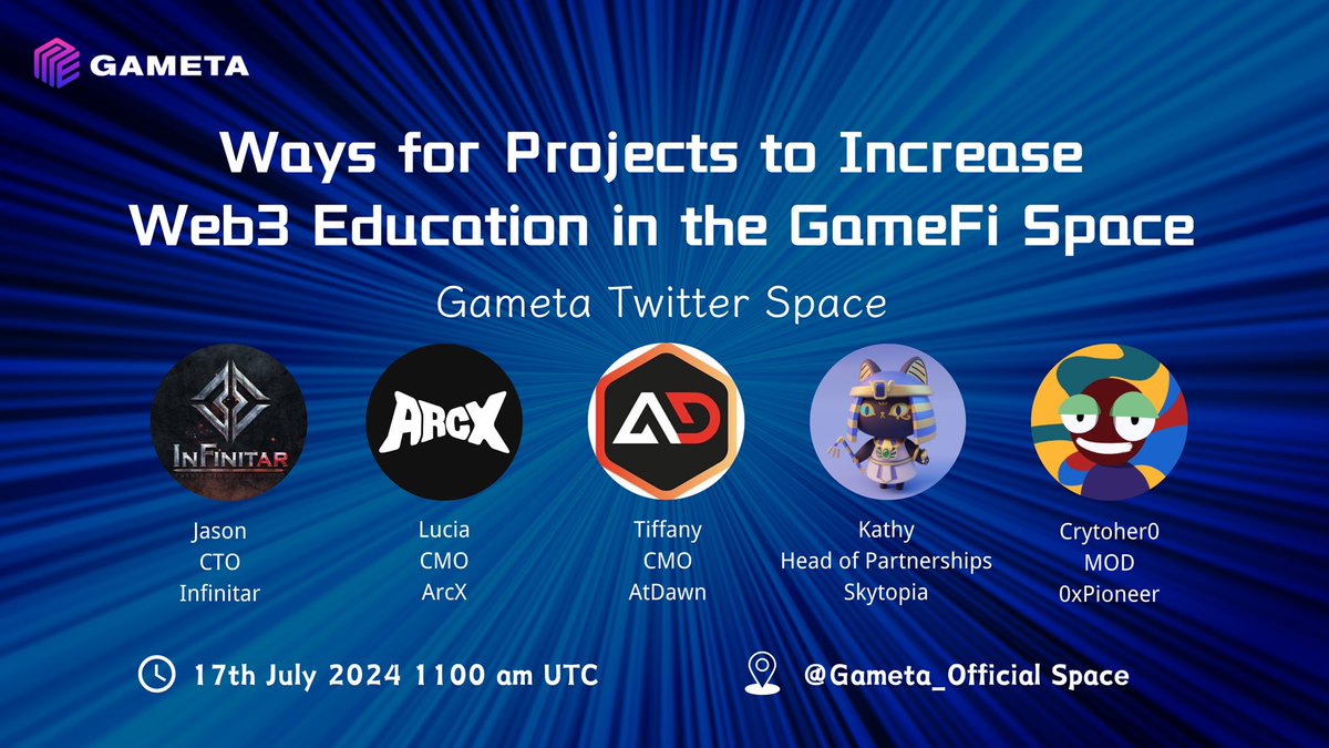 Gameta_Official's tweet photo. 🚀 Join us for an another #TwitterAMA!
📅 Date: July 17th (Wednesday)
🕛 Time: 11:00 AM UTC
📍 Venue: Gameta Twitter Space
🎮 Topic: Ways for Projects to Increase Web3 Education in the GameFi Space
🔗Link: https://t.co/P3QQwgPQ0Q
🎙️ Special guests from @SkytopiaLabs, @Infinitar_MOBA, @atdawn_io, @ArcX_games and @0xpioneer ✨
❤️Tune in and have some fun with us❤️
#p2e #AMA #TwitterSpaces