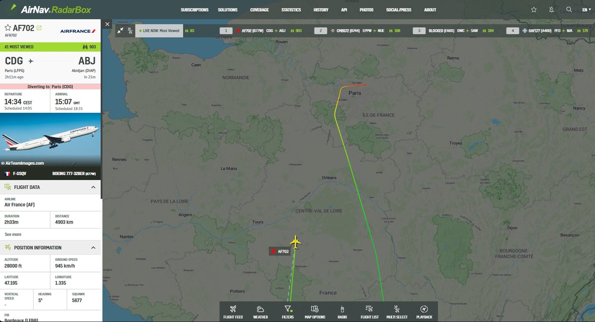 AvSourceNews's tweet photo. @RadarBoxCom AF702 is currently at FL280 and is approaching the Paris area at a strong pace. Descent expected soon.
https://t.co/GnVE0cFN8O
@RadarBoxCom
#AirFrance #AF702 #Paris #Abidjan #AvGeek #Boeing #B777 https://t.co/JZP4NW1da8