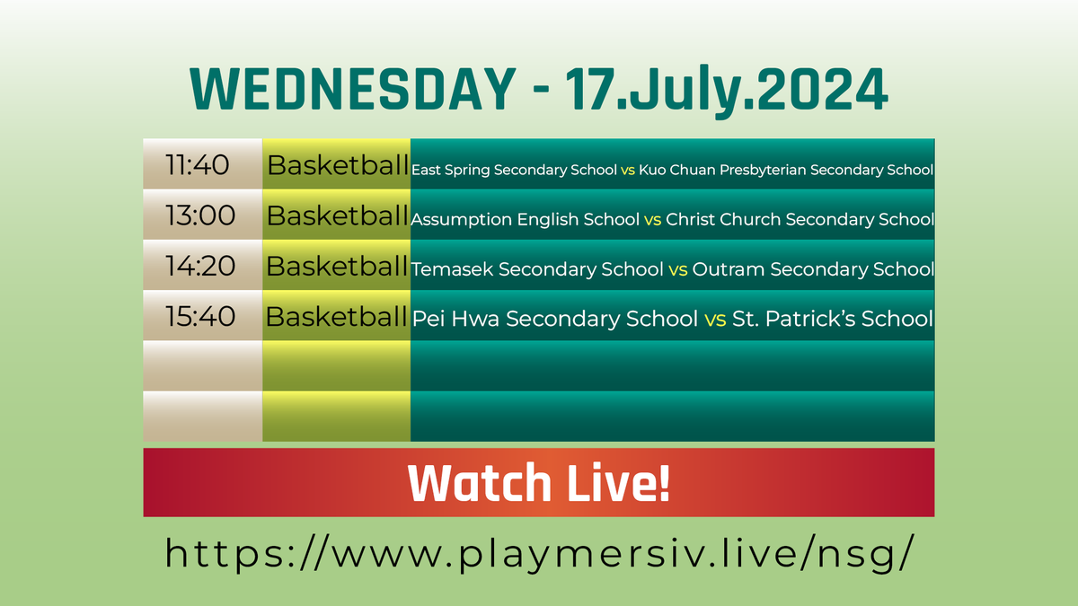 1playglobal's tweet photo. #nsg2024 actions resumes this Wednesday 17 July with C Division boys Basketball action. Catch it live as usual at https://t.co/9pFliOOmdr #sports #schoolsports #youthsports https://t.co/8hQA0jvdyV