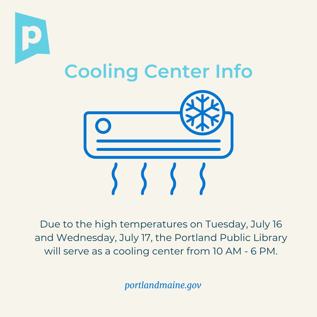City of Portland, Maine (@cityportland) on Twitter photo 🚨Due to the high temperatures 🌡️ today (Tues, July 16) and tomorrow, (Wed, July 17) the <a href="/PortPublicLibME/">Portland Library ME</a> will serve as a cooling center. Please visit them if you need to cool off. Visit portlandlibrary.com/locations for hours. #mewx #portlandme 🚨Due to the high temperatures 🌡️ today (Tues, July 16) and tomorrow, (Wed, July 17) the <a href="/PortPublicLibME/">Portland Library ME</a> will serve as a cooling center. Please visit them if you need to cool off. Visit portlandlibrary.com/locations for hours. #mewx #portlandme